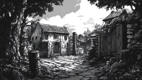 Quiet stone cottage lane washed in soft country sunlight.