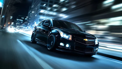 Black Chevrolet sedan drives fast through a blurred city street