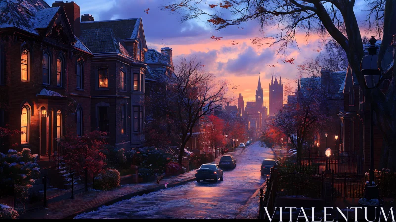 Twilight city street renders volumetric dusk lighting and wet snow
