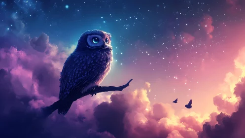 Young owl gazes over glowing clouds under starry dusk sky
