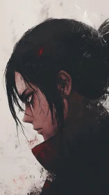 Brooding anime warrior in crimson shadowed profile storm.