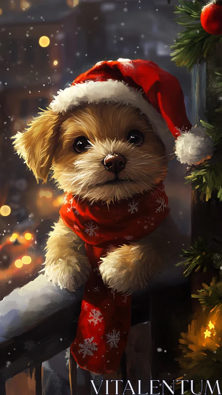 Puppy in Santa hat gazes over snowy Christmas balcony