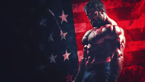 Hyperdefined bodybuilder against stylized American flag backdrop.