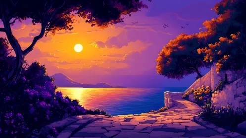 Sunlit coastal path glowing in soft purple evening light.