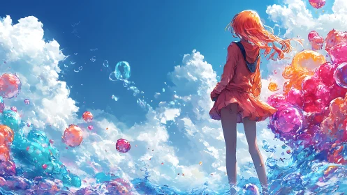 Girl amid luminous bubbles under vast summer sky.
