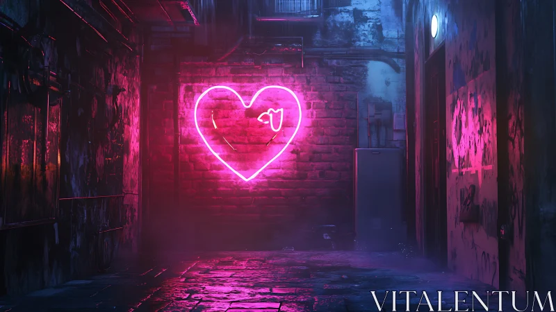 Neon heart humming over rain-soaked cyber alley bricks.