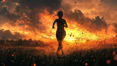 Silhouetted Runner Traversing Inferno Landscape With Particle Dispersion.
