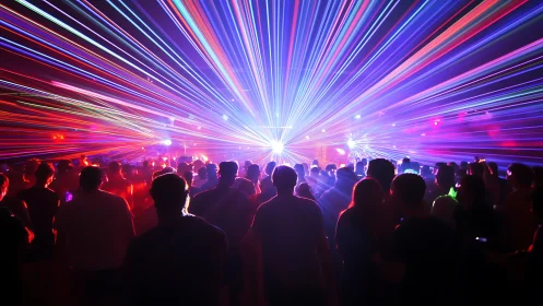 Laserstorm crowd bathing in neon starlight at electric rave.