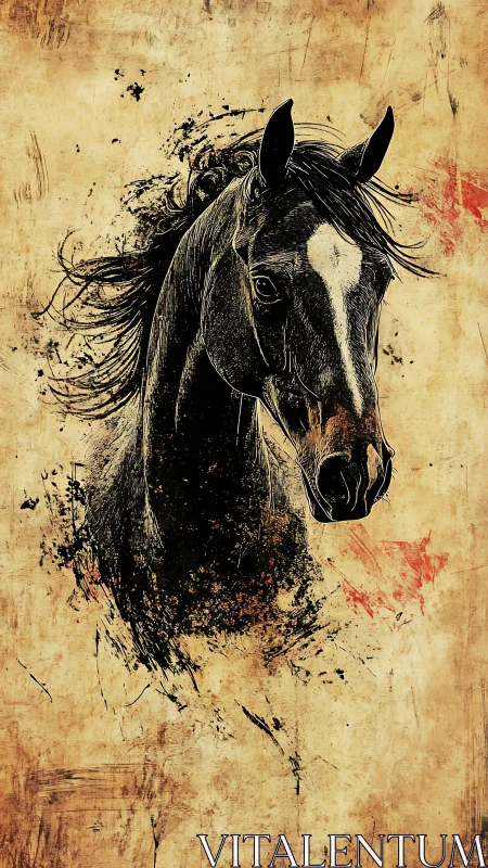 Horse portrait on textured parchment with ink splashes.
