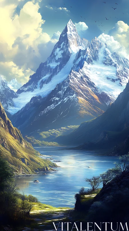 Snow-covered mountain range rises above reflective valley lake