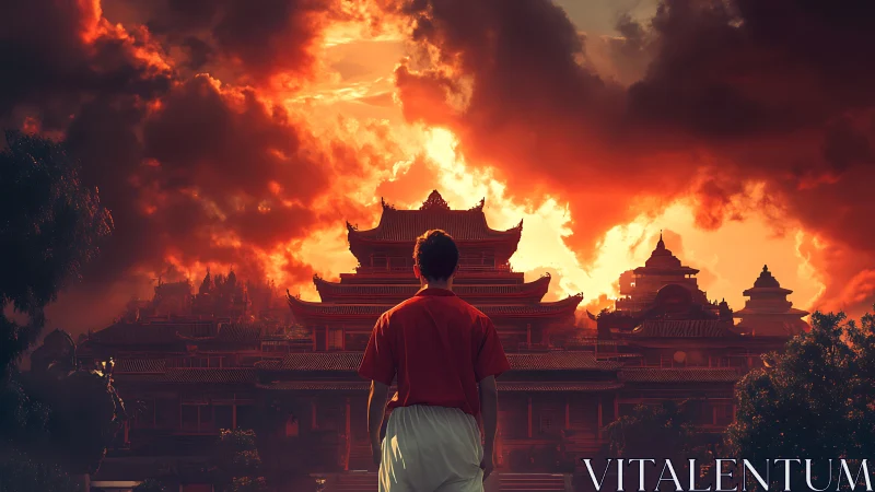 Person faces ornate temple complex under intense fiery sky