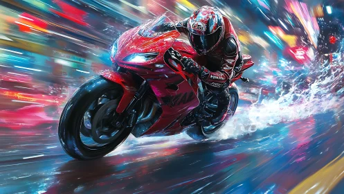 Hydrodynamic superbike sprint through neon-saturated wet street.