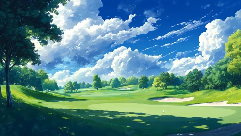 Sunlit golf course fairway curves under towering summer clouds