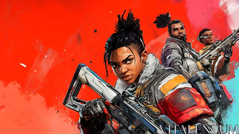 Three armed characters stand against saturated red backdrop