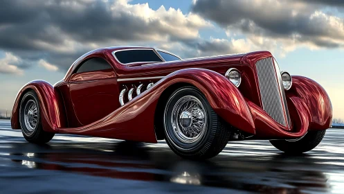Streamlined red retro coupe on wet reflective pavement.