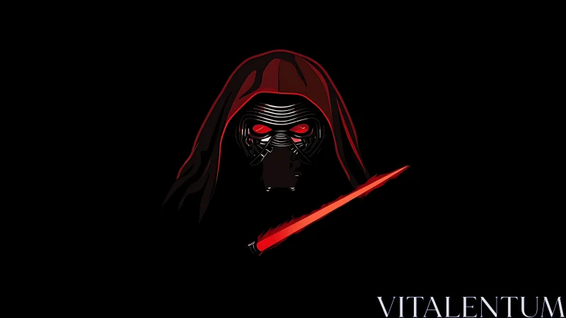 Hooded masked warrior with glowing red blade silhouette.