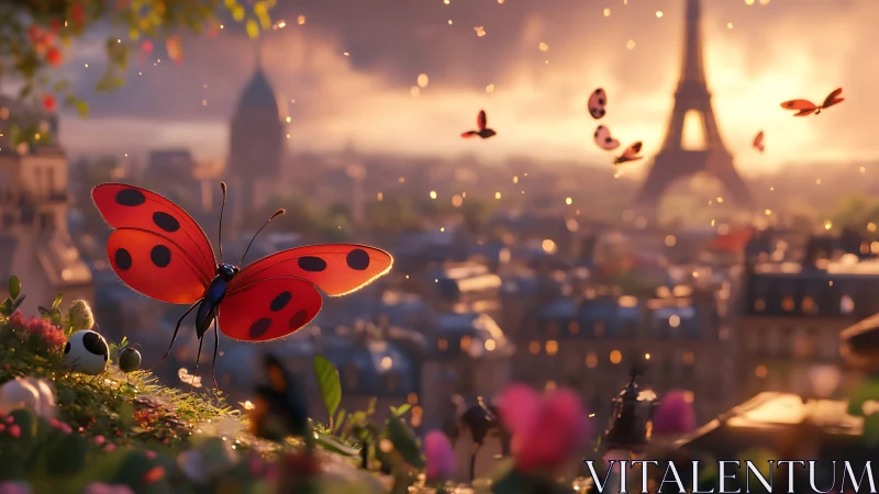 Ladybug with open wings hovers above Parisian rooftop garden