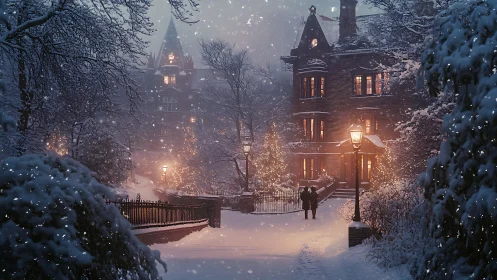 Victorian townhouse courtyard under diffuse nocturnal snowfall.