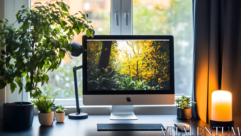 Leafy workspace shrine around glowing iMac forest portal.