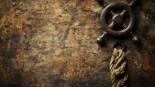 Rusty ship wheel and mooring rope rest on weathered timber