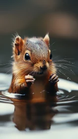 Wet squirrel emerges from dark reflective forest water.