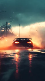 Rear view of sports car on wet road under stormy sky.