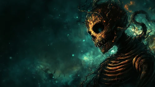 Bioluminescent skeletal entity in abyssal teal atmosphere.
