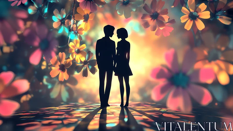 Two silhouetted figures standing in luminous floral environment.