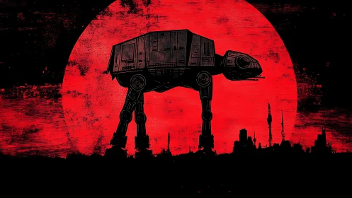 Imperial walker silhouette crosses blood-red war horizon.