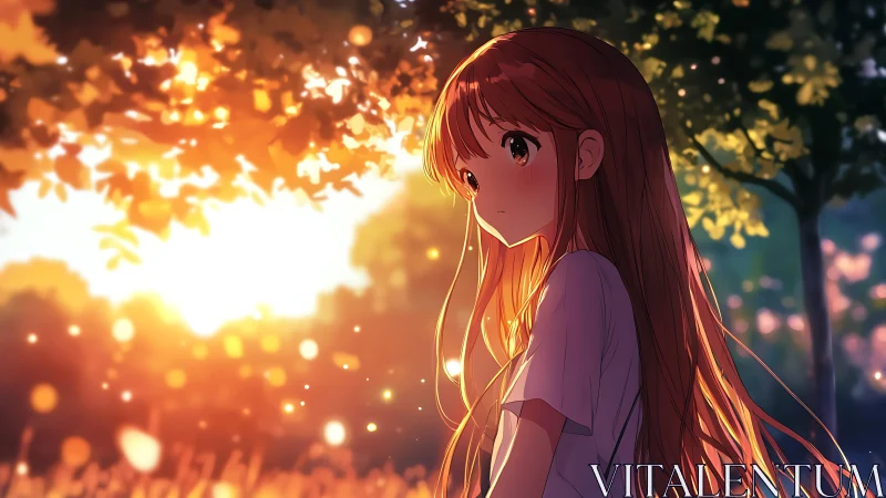 Backlit anime girl rendered in warm bokeh sunset illumination