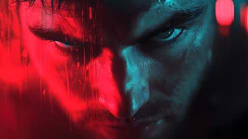 Neon lit stare in red and blue, intensity framed by shadow.