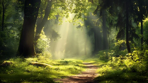 Serene Forest Path with Sun Rays in Lush Green Woodland.