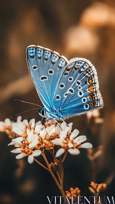 Blue butterfly rests on clustered flowers in close focus