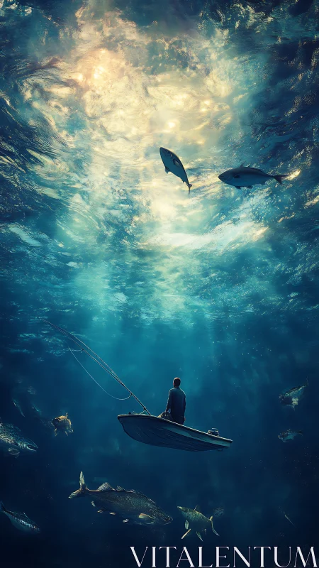 Solitary fisherman drifts above deep ocean teeming with fish