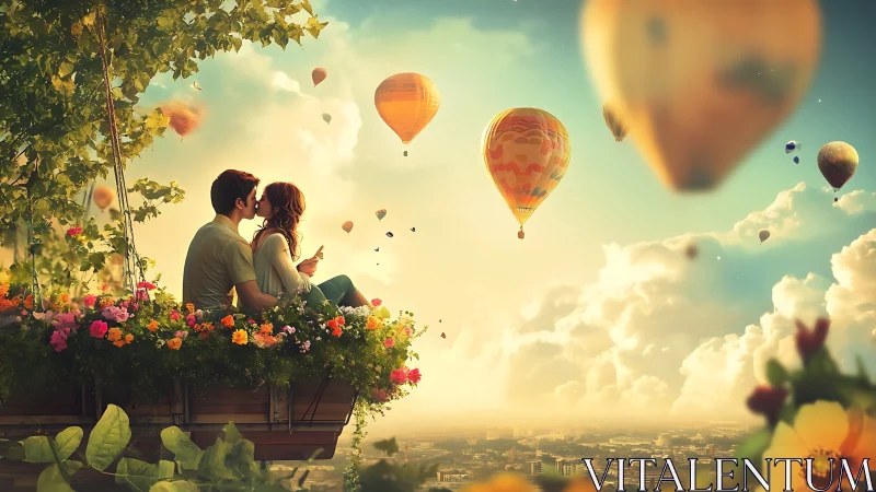 Love Ascends: Couple Watches Hot Air Balloons in Sky.