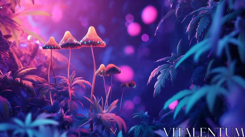 Digital forest scene depicts luminous mushrooms and foliage
