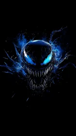 Digital painting of blue symbiotic skull with fluid energy halo.