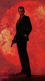 Gunman in tailored suit stands against blazing red sun