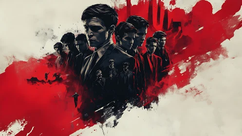 Stoic suited figures against bold abstract red field.