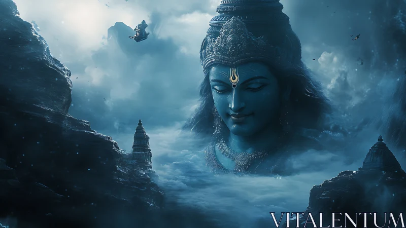 Colossal blue deity head emerges from misty mountain valley