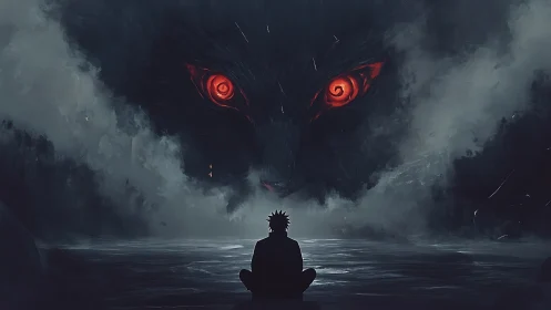 Solitary figure confronting colossal red-eyed shadow beast.