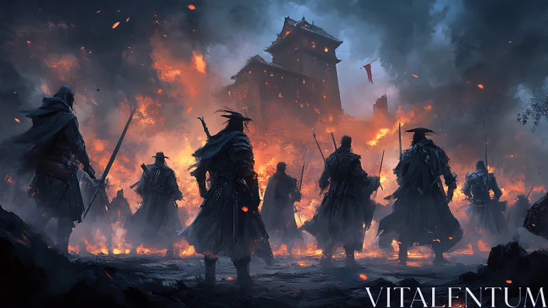 Samurai silhouettes before burning fortress under smoke.