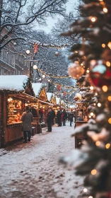 Snowy outdoor Christmas market street with decorated stalls