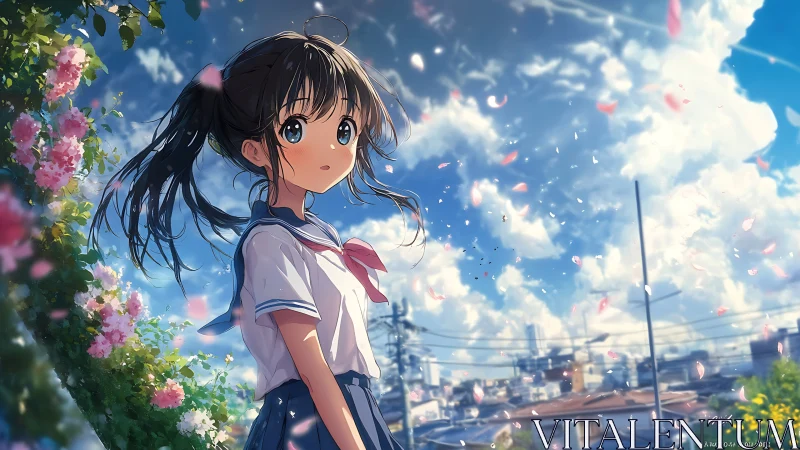 Schoolgirl under drifting petals in luminous city sky.