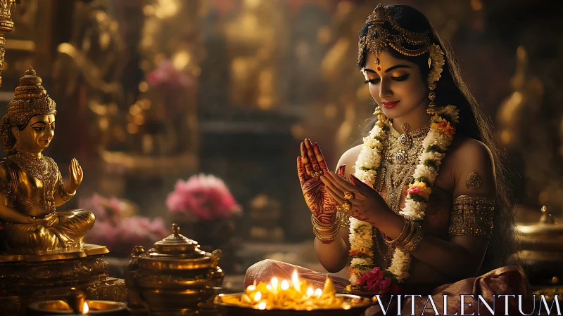 Temple light drapes a serene devotee in molten gold hush