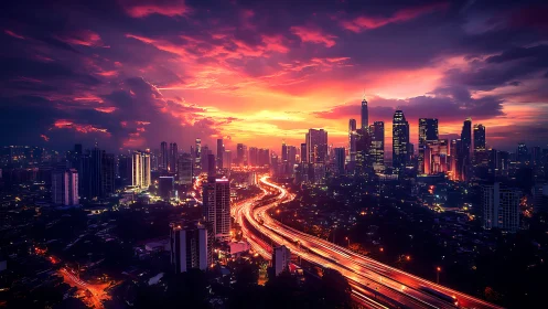 High-rise skyline under saturated sunset with long-exposure traffic