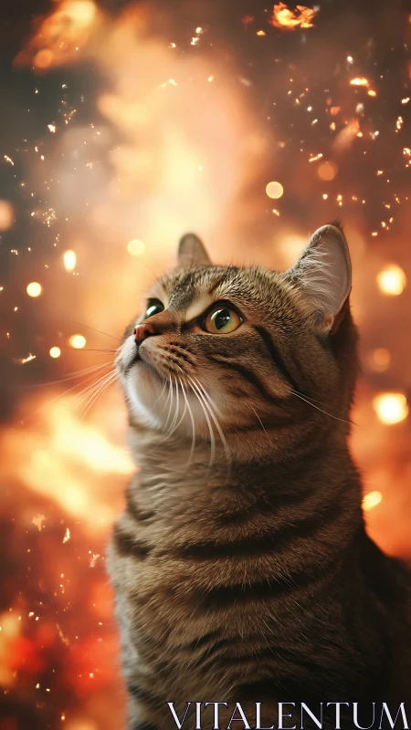 Tabby Cat Looking Upward Against Bokeh Light Background