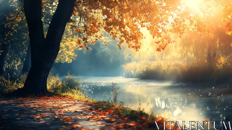 Golden riverbank glow beneath whispering autumn canopies.