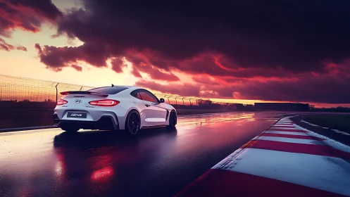 White track predator stalks a rain-slick sunset circuit