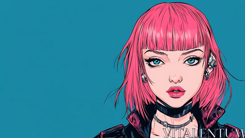 Cyberpunk pink-haired girl stares ahead with bold intensity.